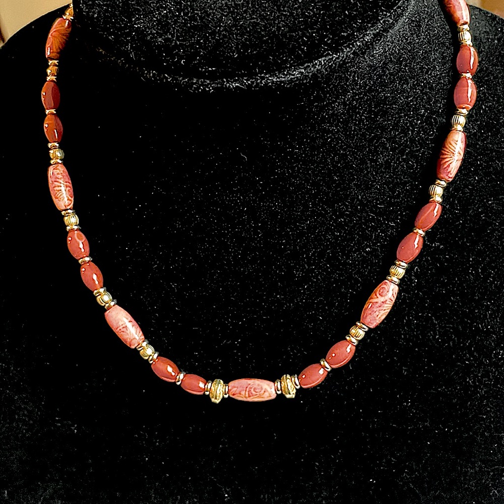 Carnelian with Hand Painted Wood  and Vermeil Gold Beads Necklace